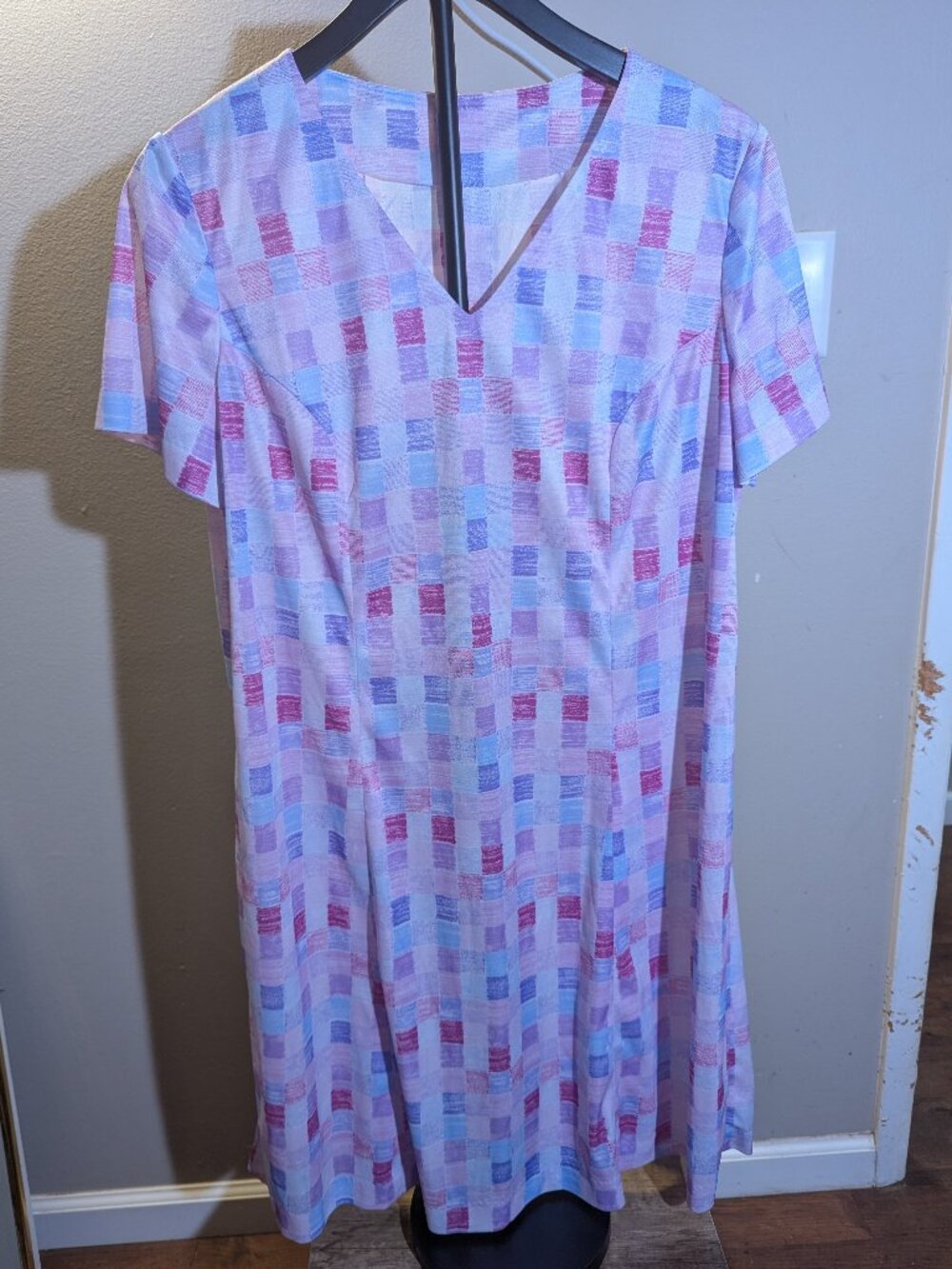 Vintage Handmade Purple, Pink, & Blue Square Print V Neck Short Sleeve Dress